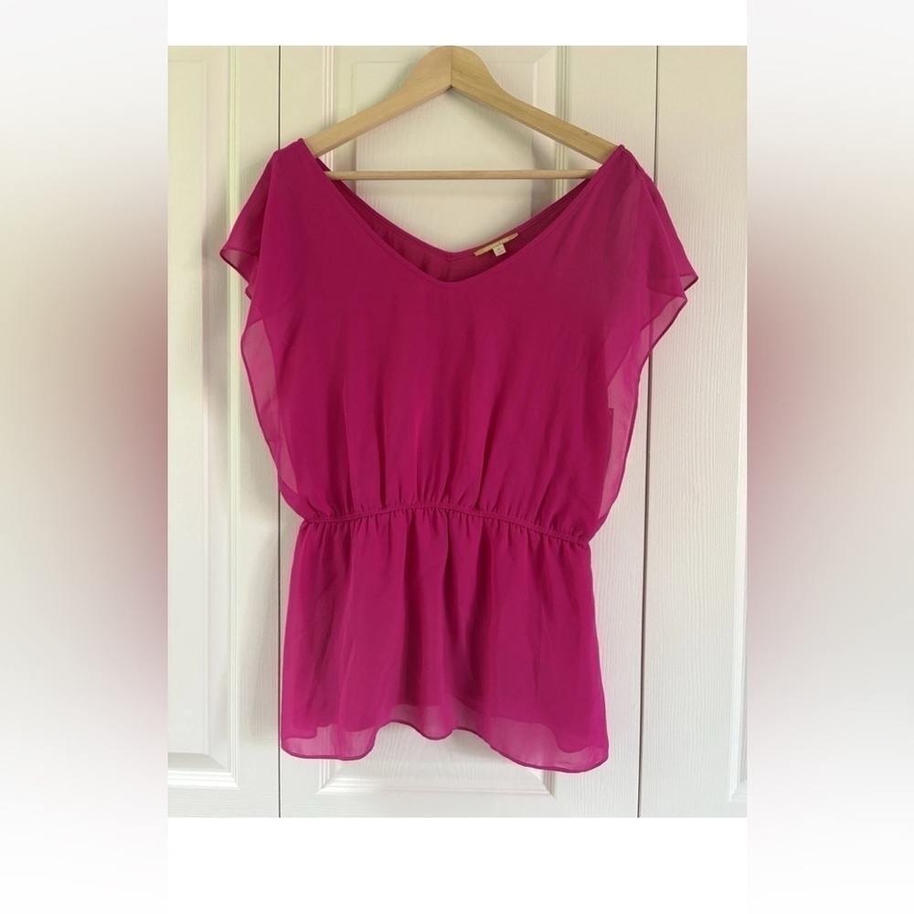 Gianni Bini Women’s Fuchsia Pink Sheer V-Neck Blouse with Elastic Waist – Size M